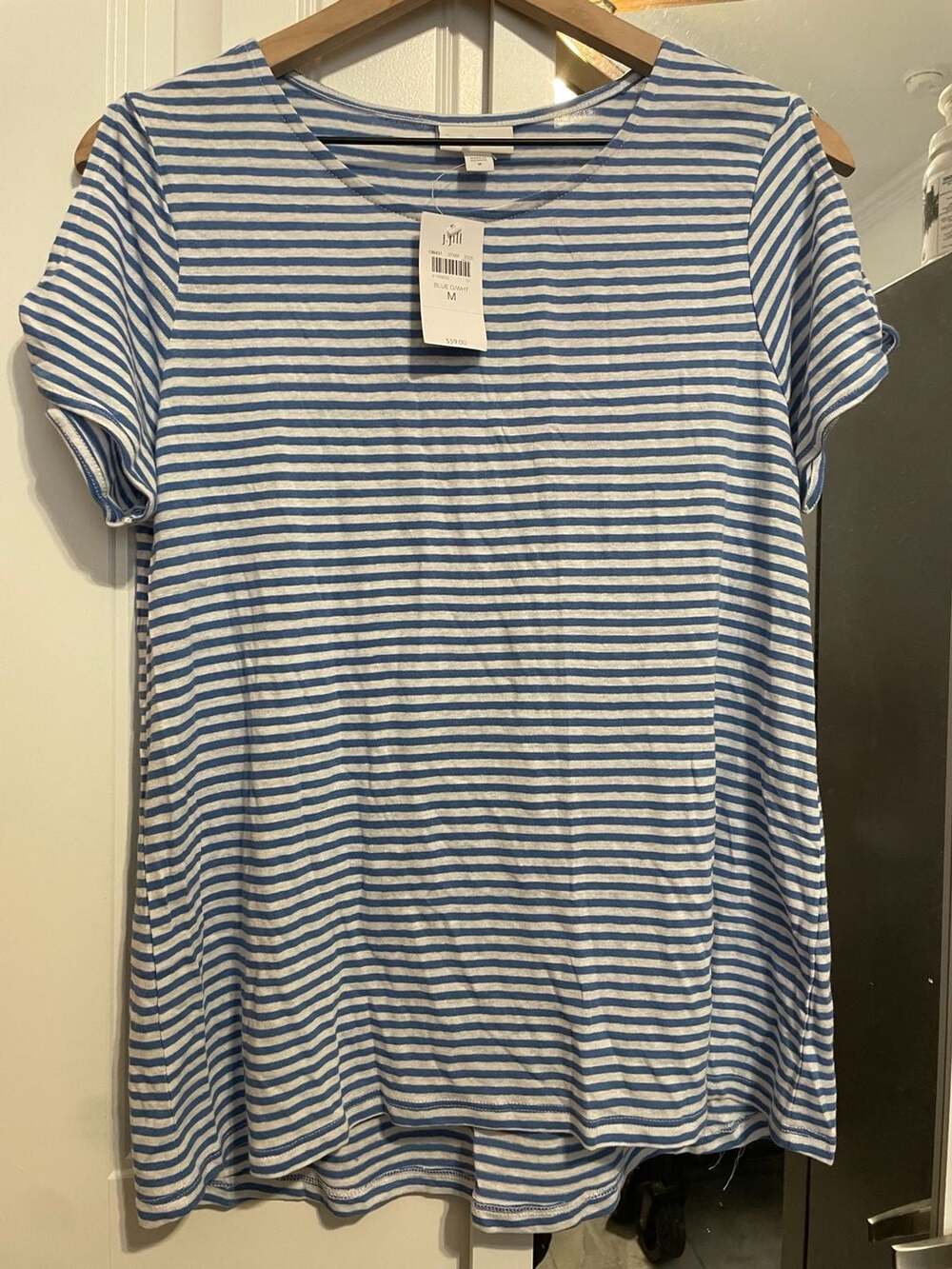 J. Jill Blue and White Striped Open Shoulder Linen Blend Tee